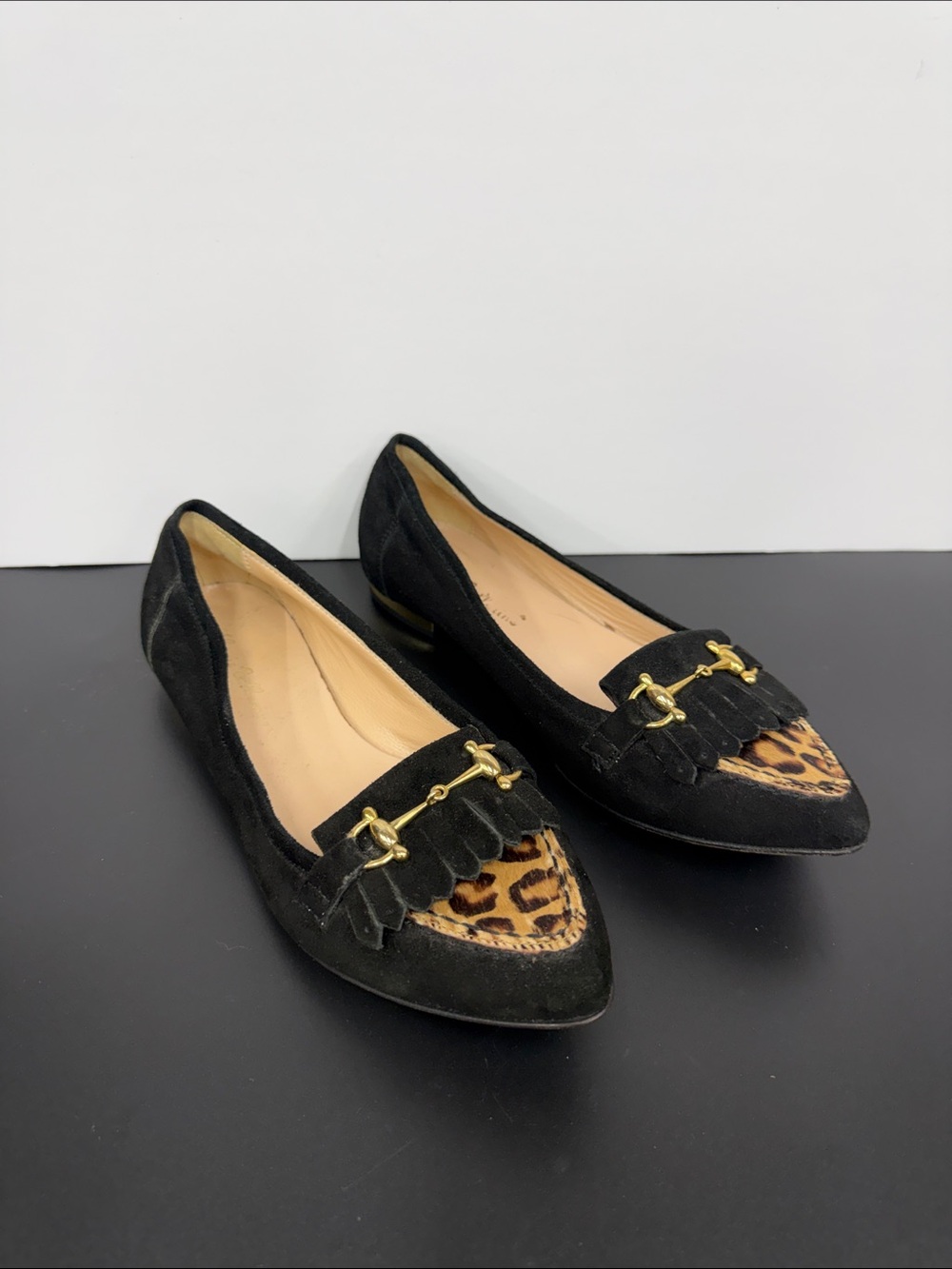 Black Suede Pointed Loafers with Leopard-Print Toe and Gold Bit